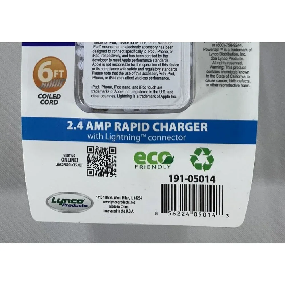 PowerUp! 2.4 Amp Rapid Charger Lightning Connector Car Charger 6 Ft Cord NEW